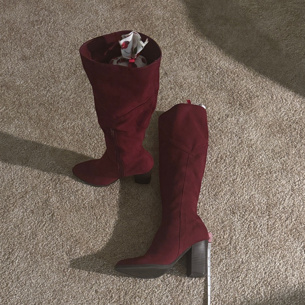 3 1/2” Faux Suede Burgundy Knee-High Boots with Pointed Toe.